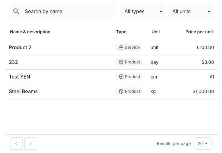 ProductsTable component preview