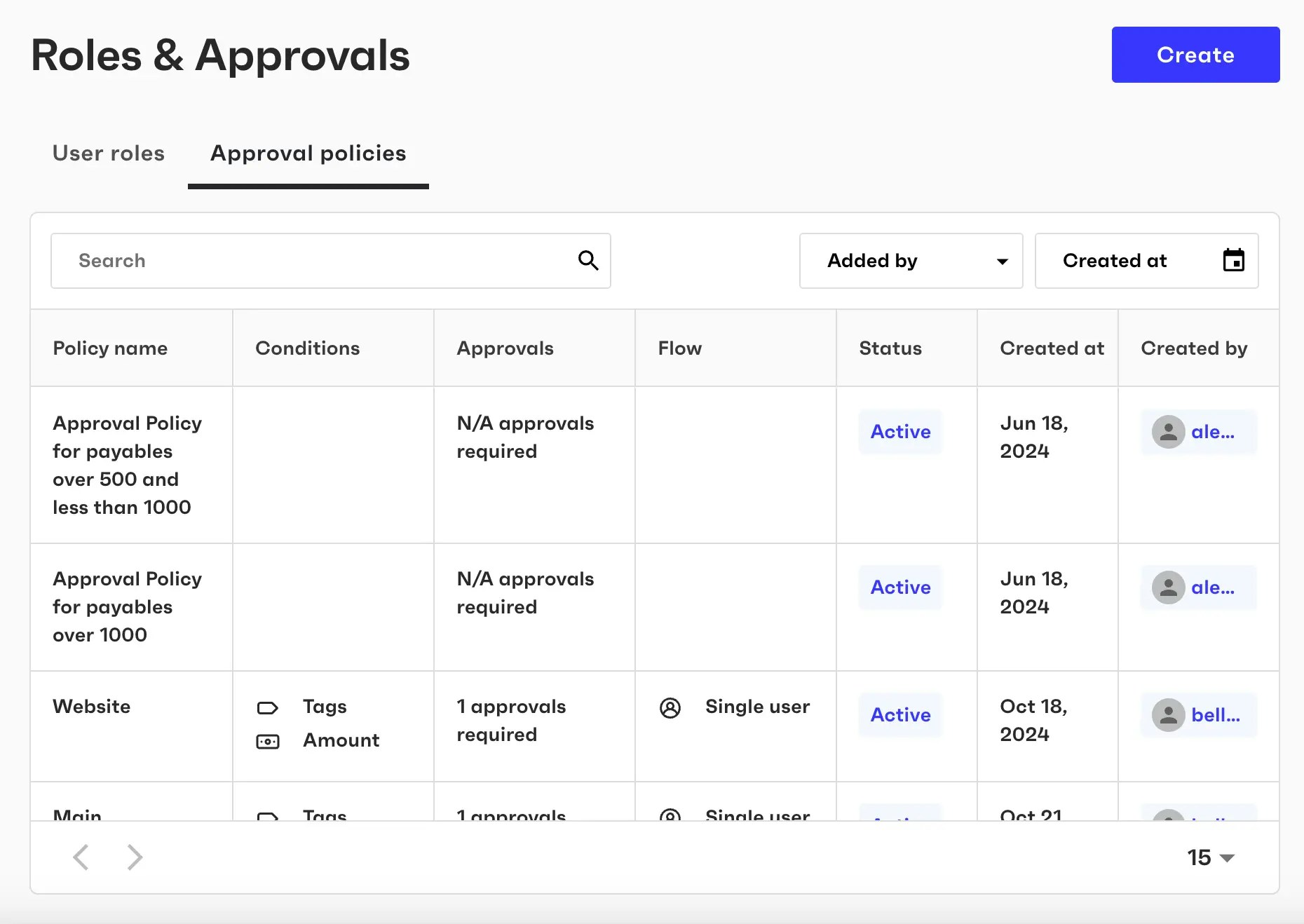 RolesAndPolicies component in the Approval policies view