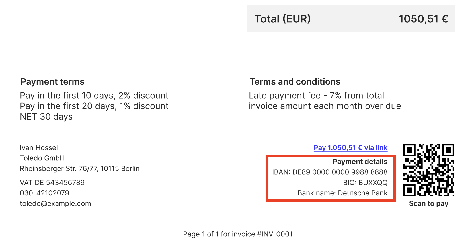 Bank account details in an invoice