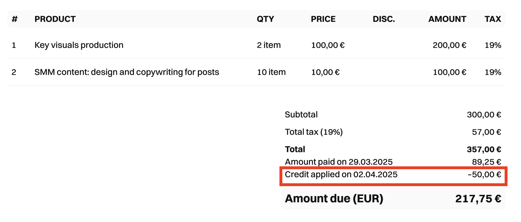 An invoice with a list of credits applied
