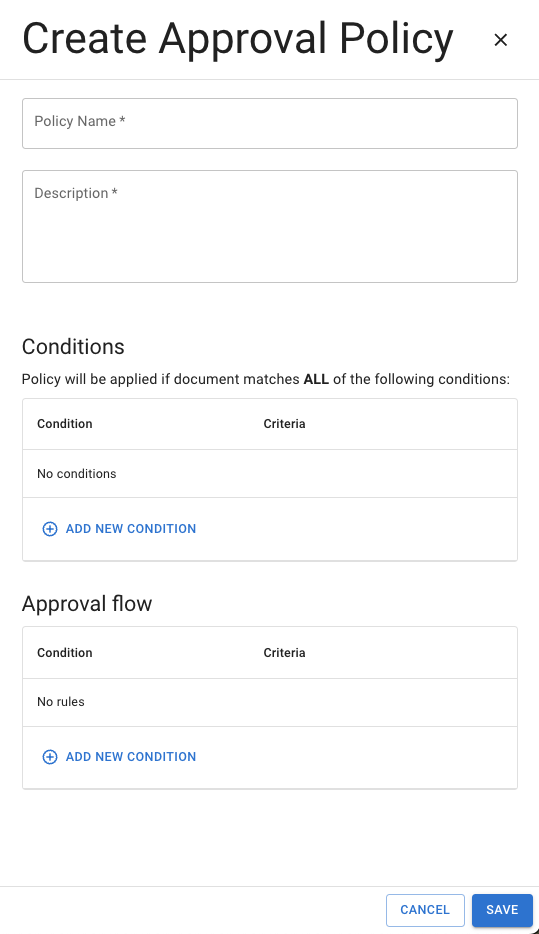 ApprovalPolicyDetails component with the Approval Policy Creation modal