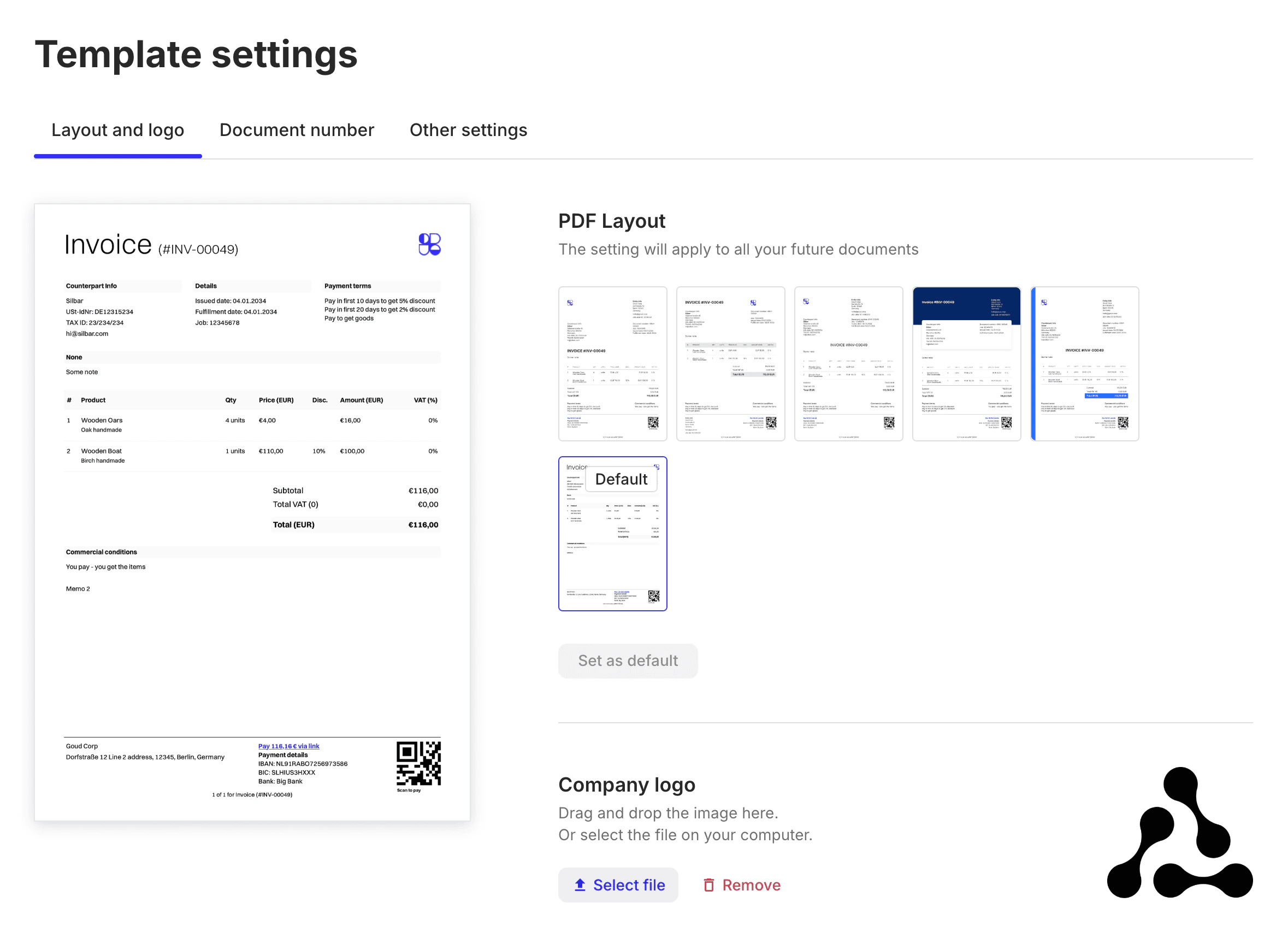 TemplateSettings component: 'Layout and logo' tab