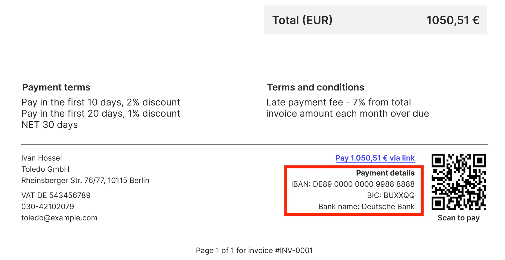 Bank account details in an invoice