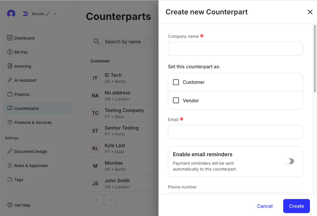 CounterpartDetails component with the 'type' prop provided