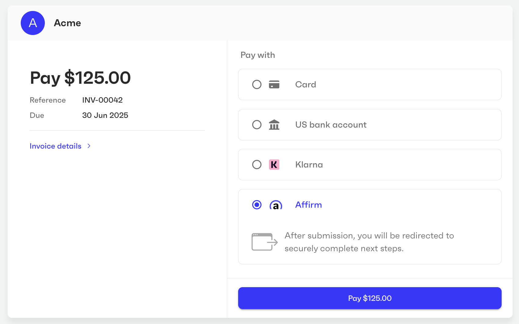 Klarna and Affirm payment options on the payment page