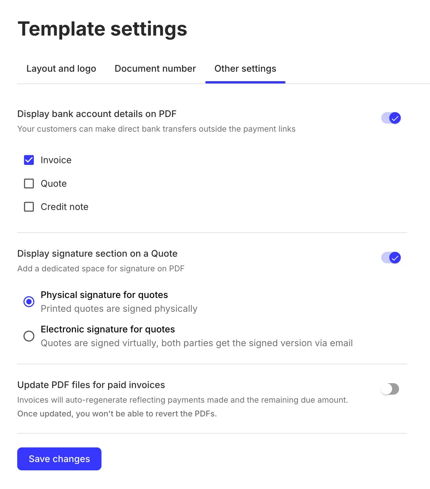 TemplateSettings component: 'Other settings' tab