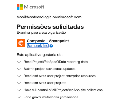 Tela de consentimento de permissões do Composio - SharePoint