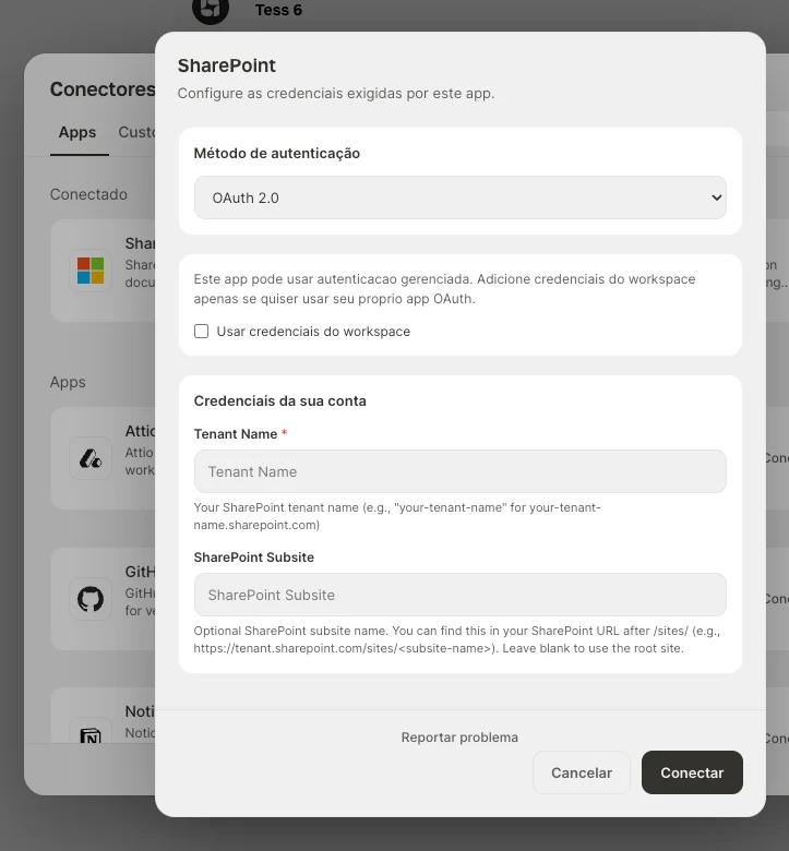 Formulário de credenciais do conector SharePoint
