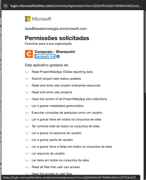 Tela de consentimento de permissões da Microsoft
