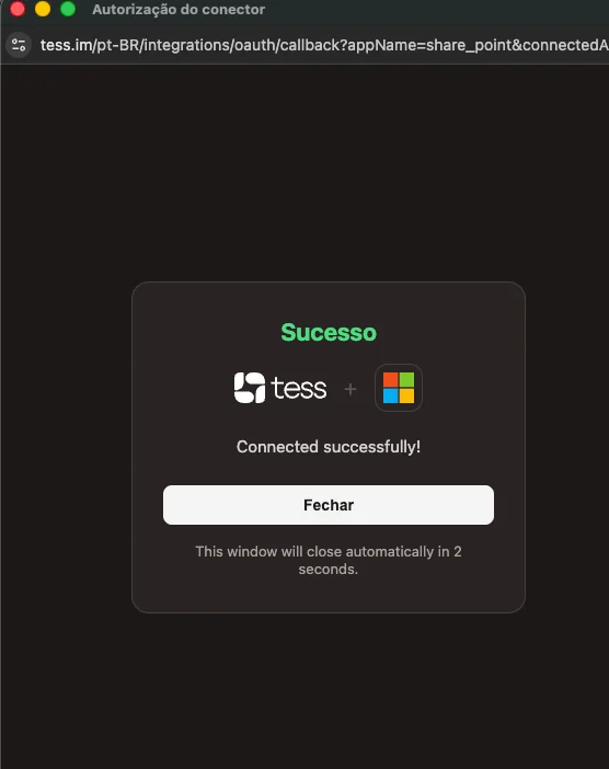 Janela de sucesso da autorização do conector