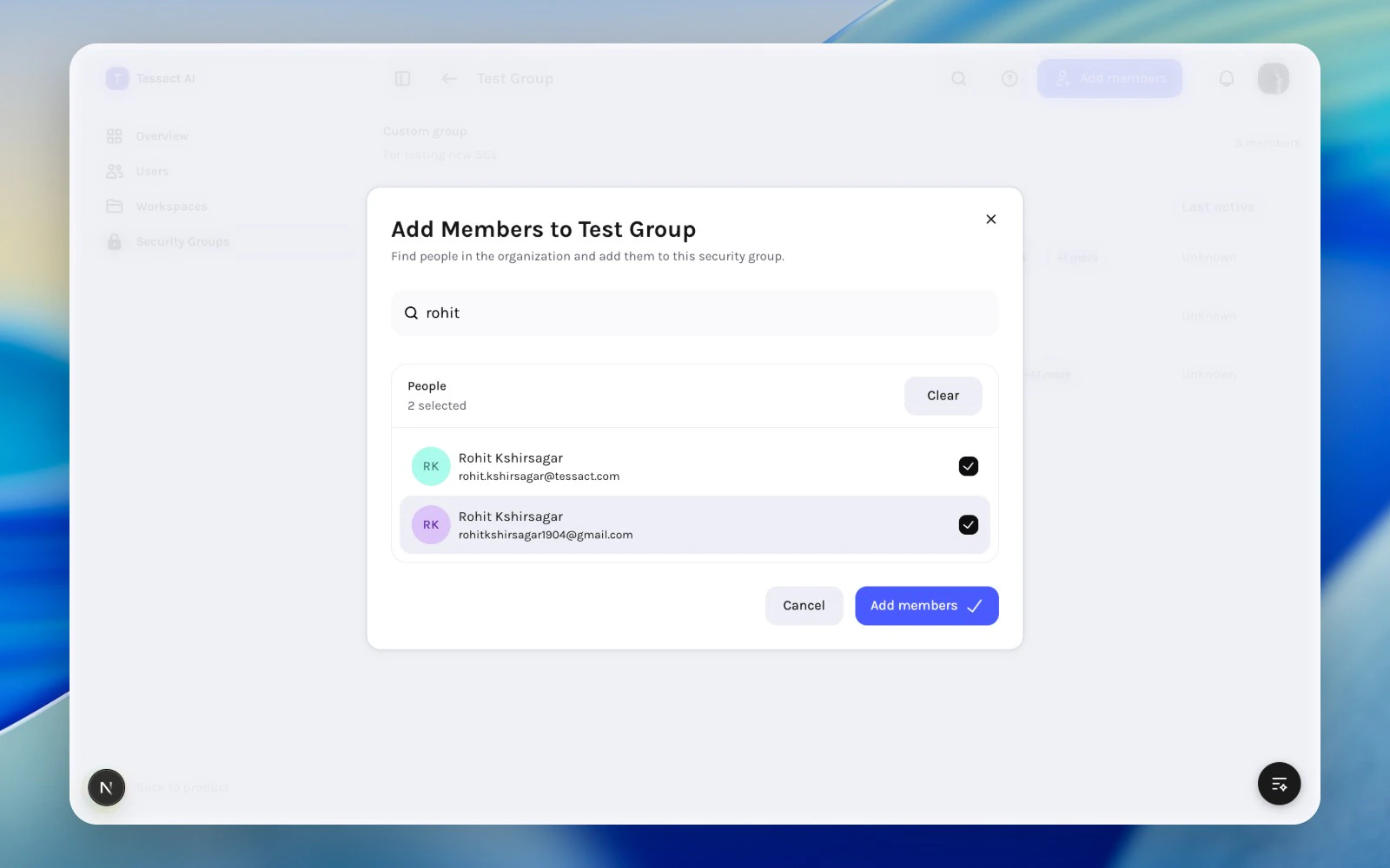 Add members to security group modal