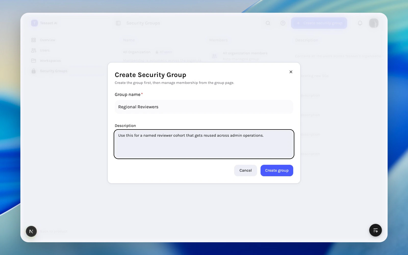 Create security group modal