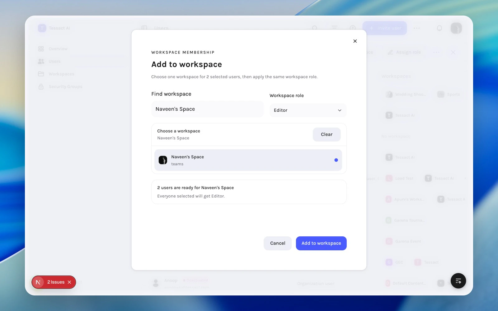 Add selected users to a workspace
