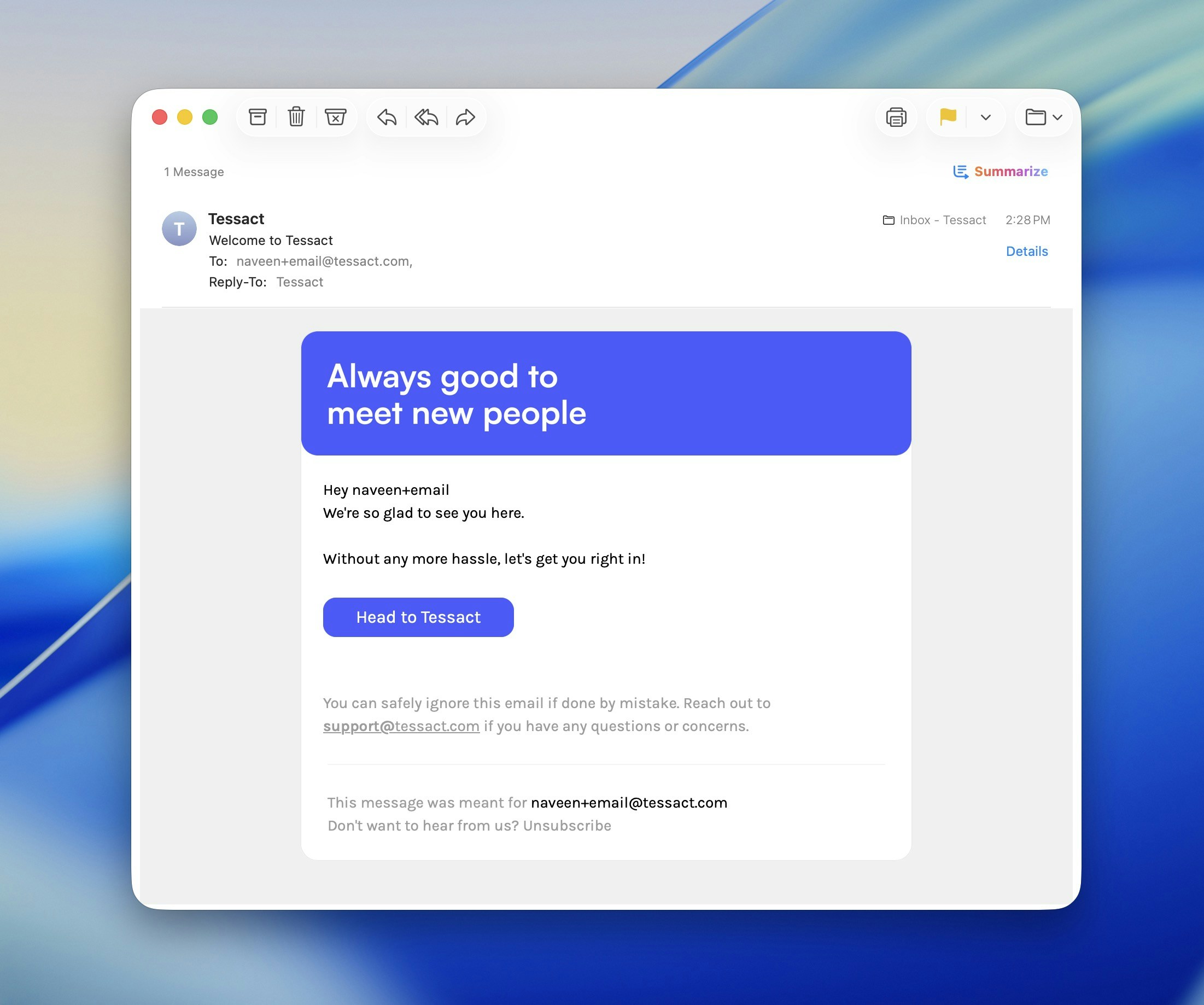 Welcome email screenshot