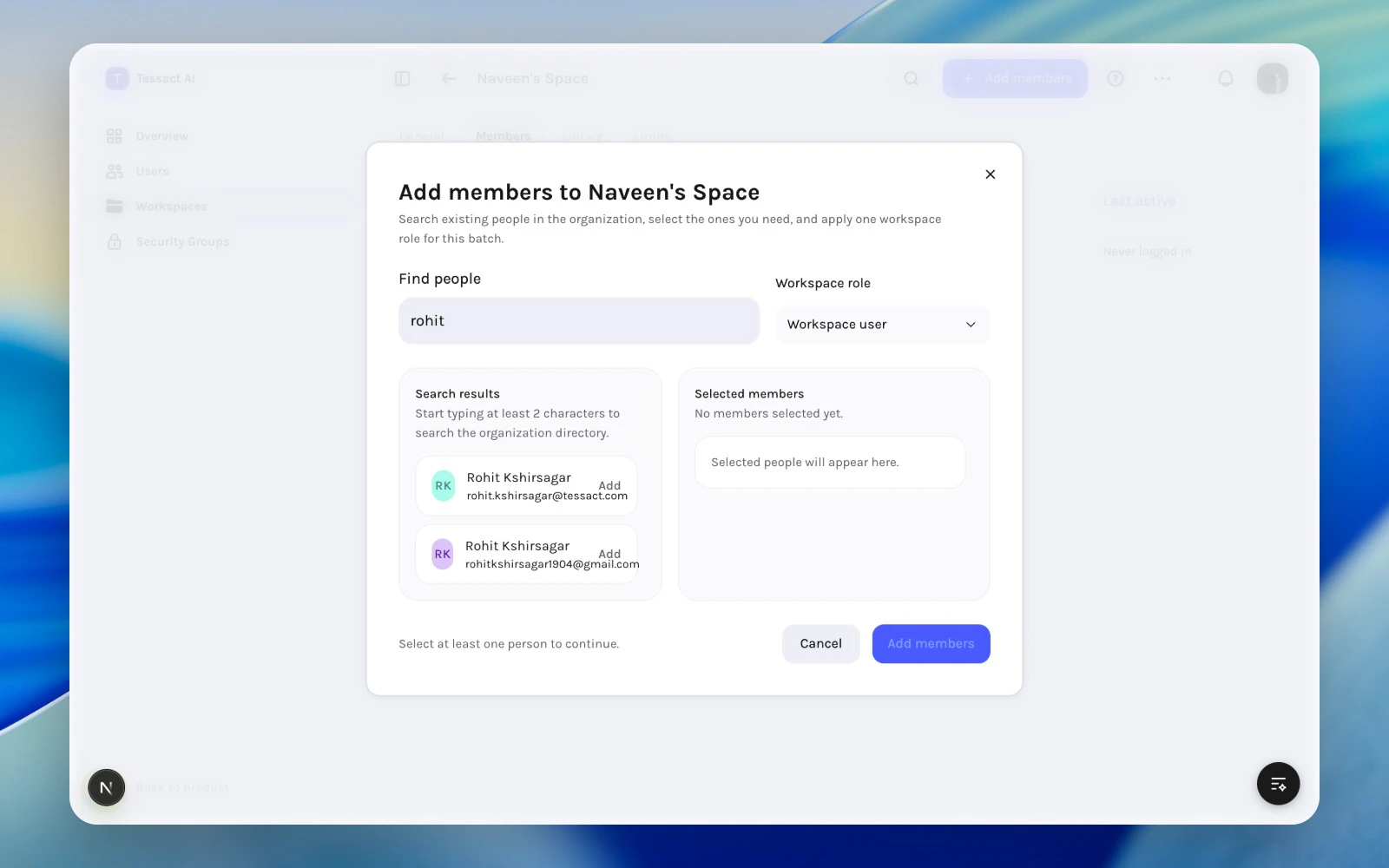 Add members to workspace modal