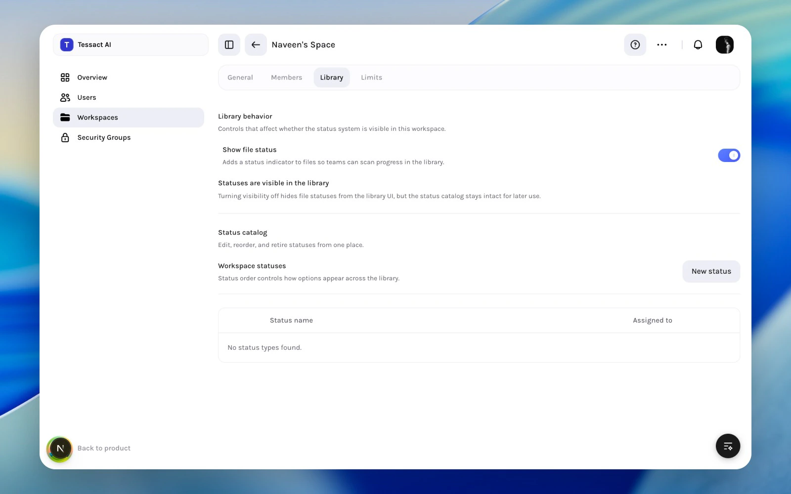Workspace library status settings