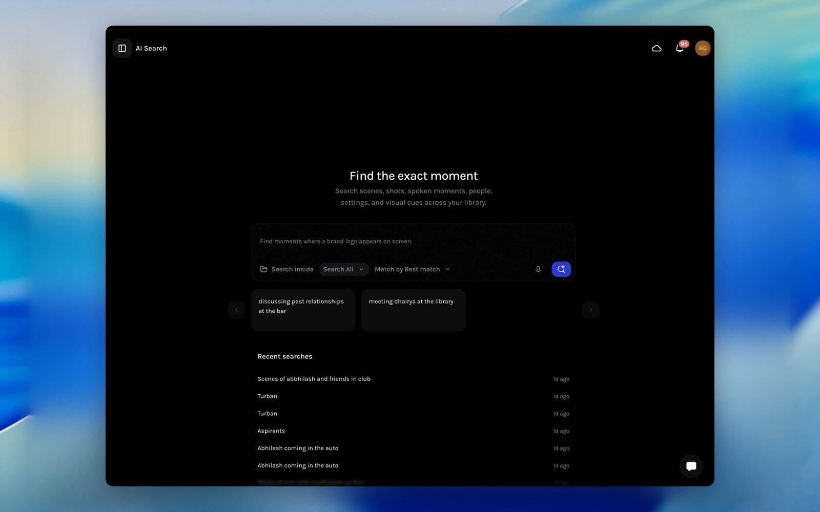 AI Search landing page with the Find the exact moment search bar and recent searches