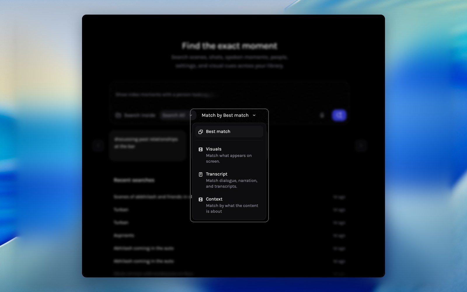 Match by dropdown with Best match, Visuals, Transcript and Context options