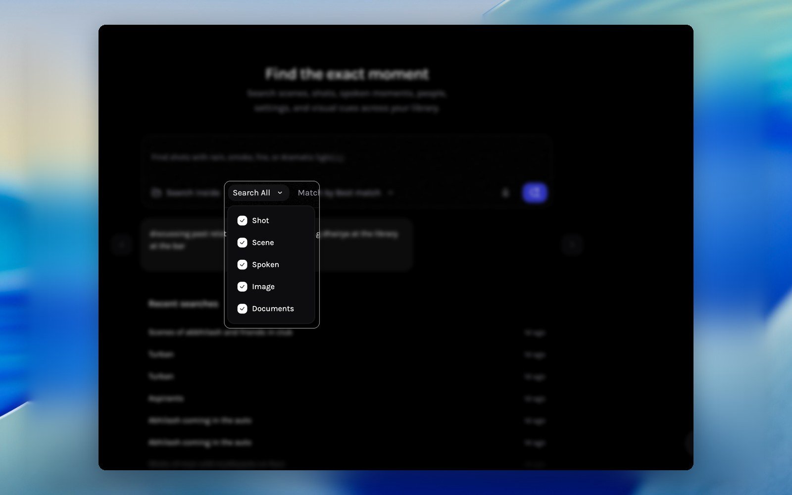 Search All dropdown with Shot, Scene, Spoken, Image and Documents options