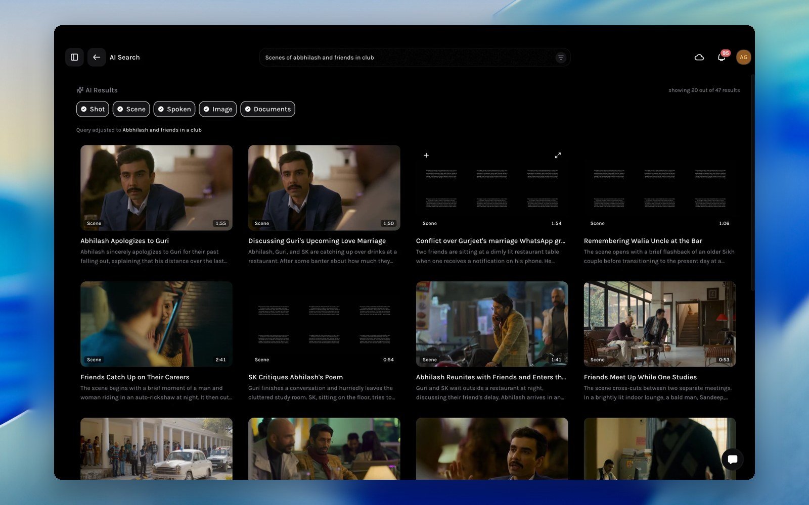 AI Search results grid with scene and document cards