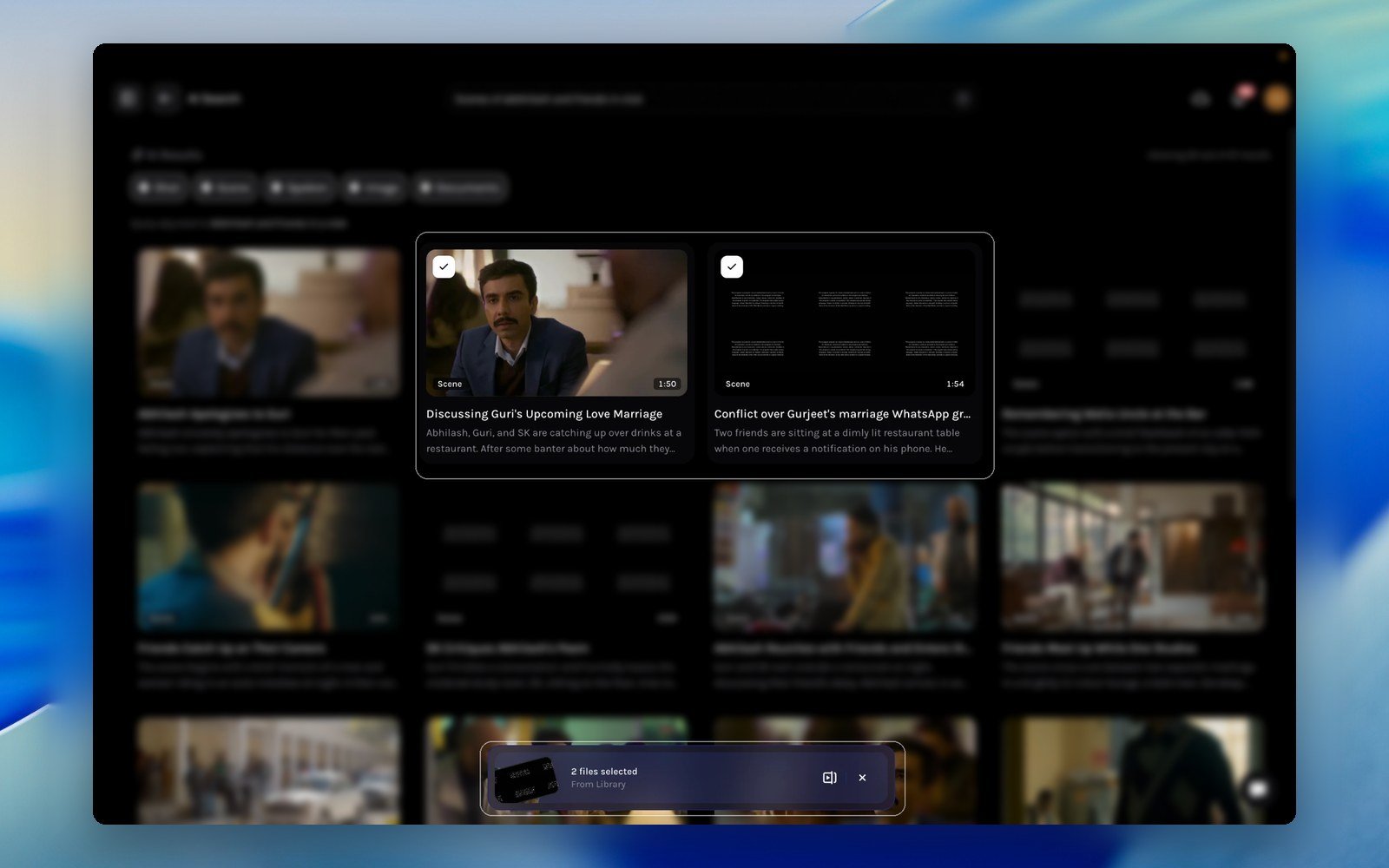 AI Search results with two selected clips and the selection bar in focus