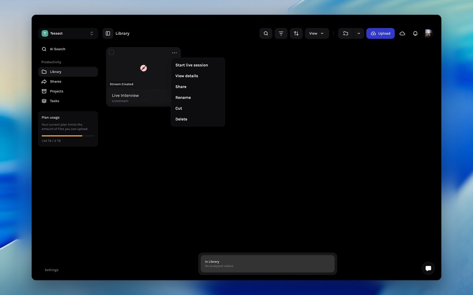 Library card menu with Start live session