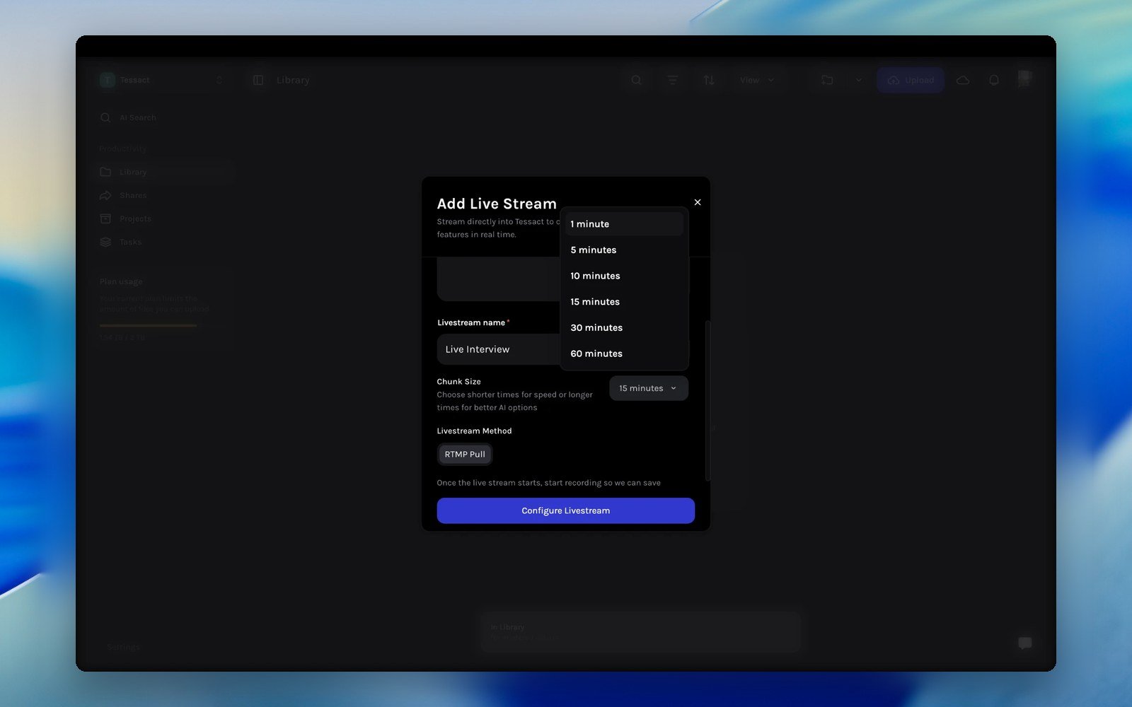 Add Live Stream dialog with chunk size options