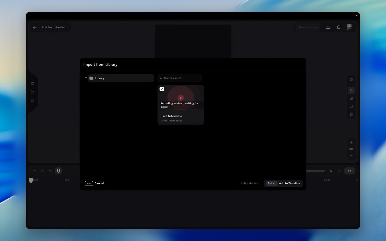 Import from Library dialog with a livestream selected