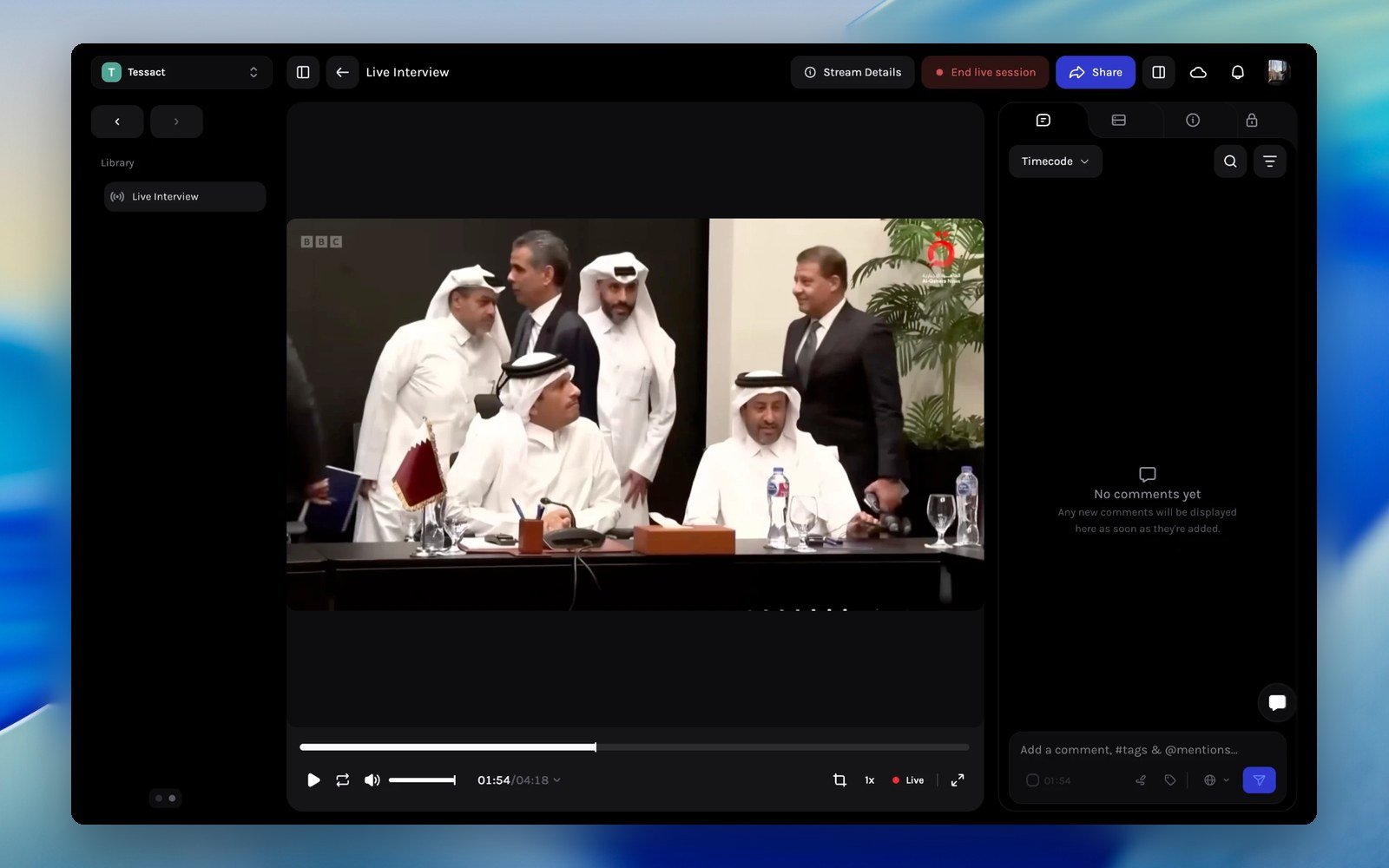 Tessact livestream asset page playing a live feed