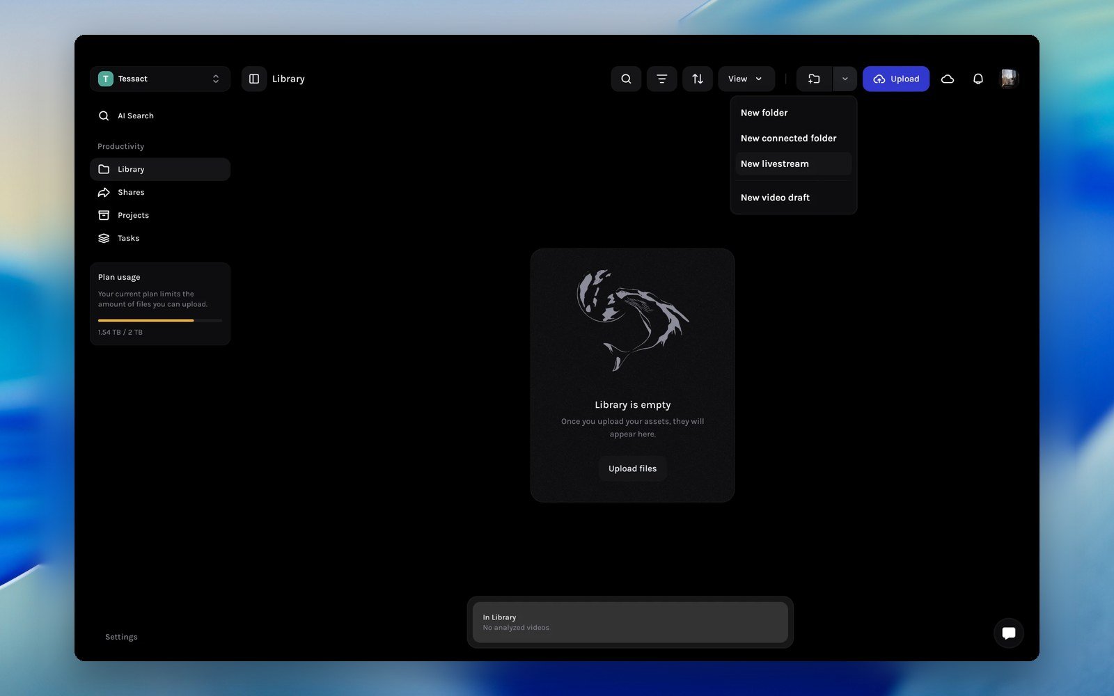 New livestream option in the Tessact Library create menu