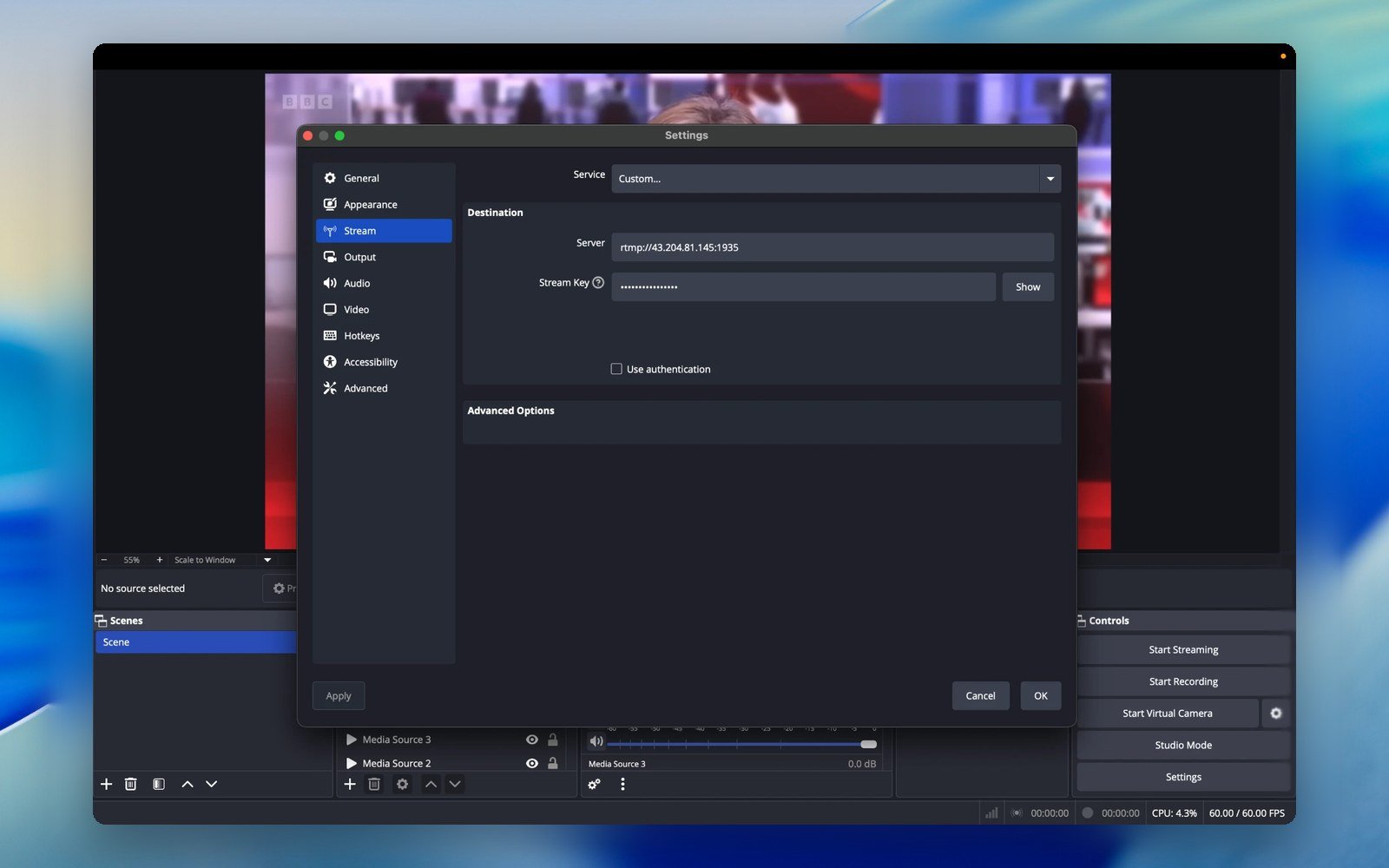 OBS Studio stream settings with Tessact RTMP details