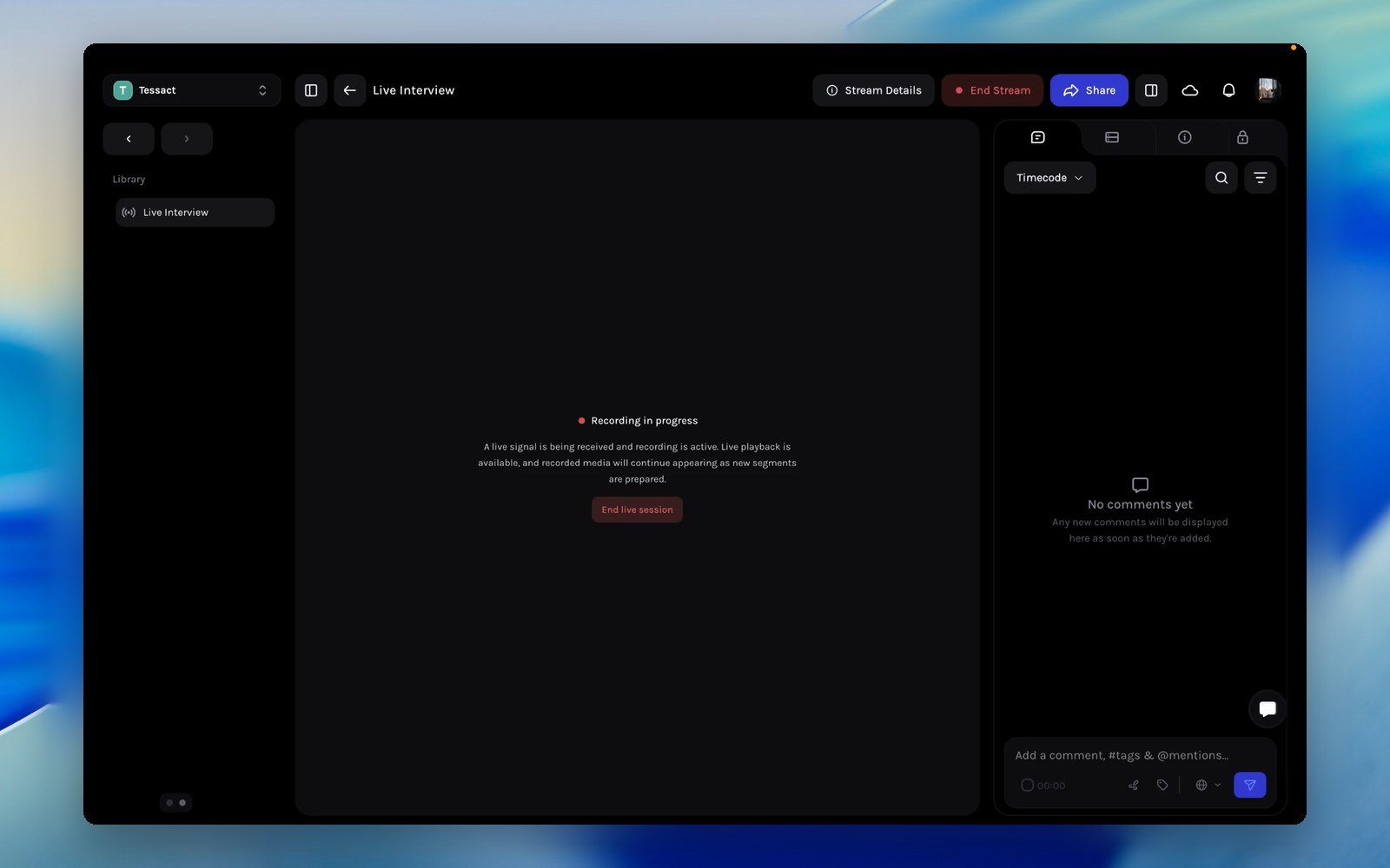 Recording in progress state on the livestream asset page