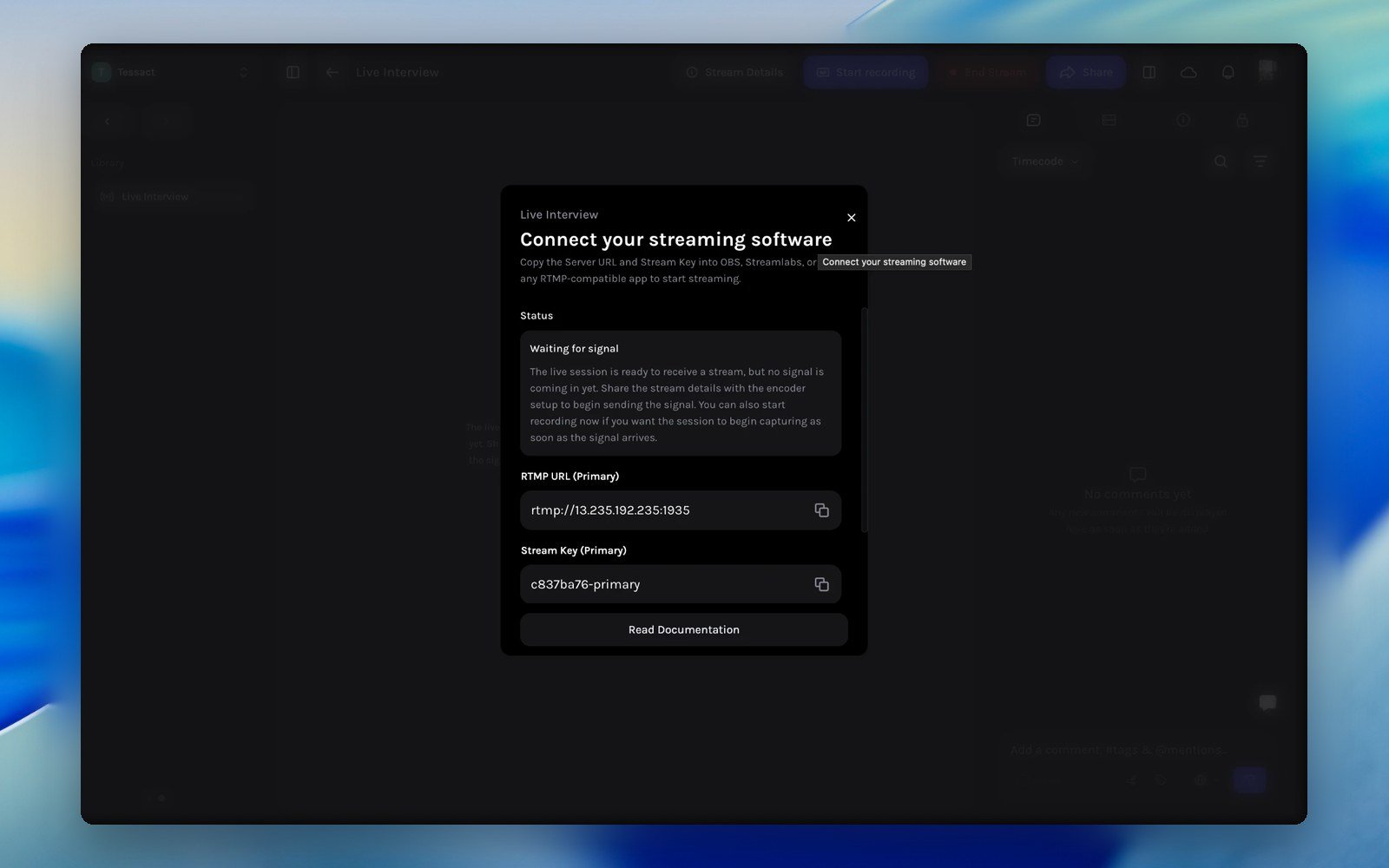 Stream Details dialog showing status, RTMP URL and Stream Key