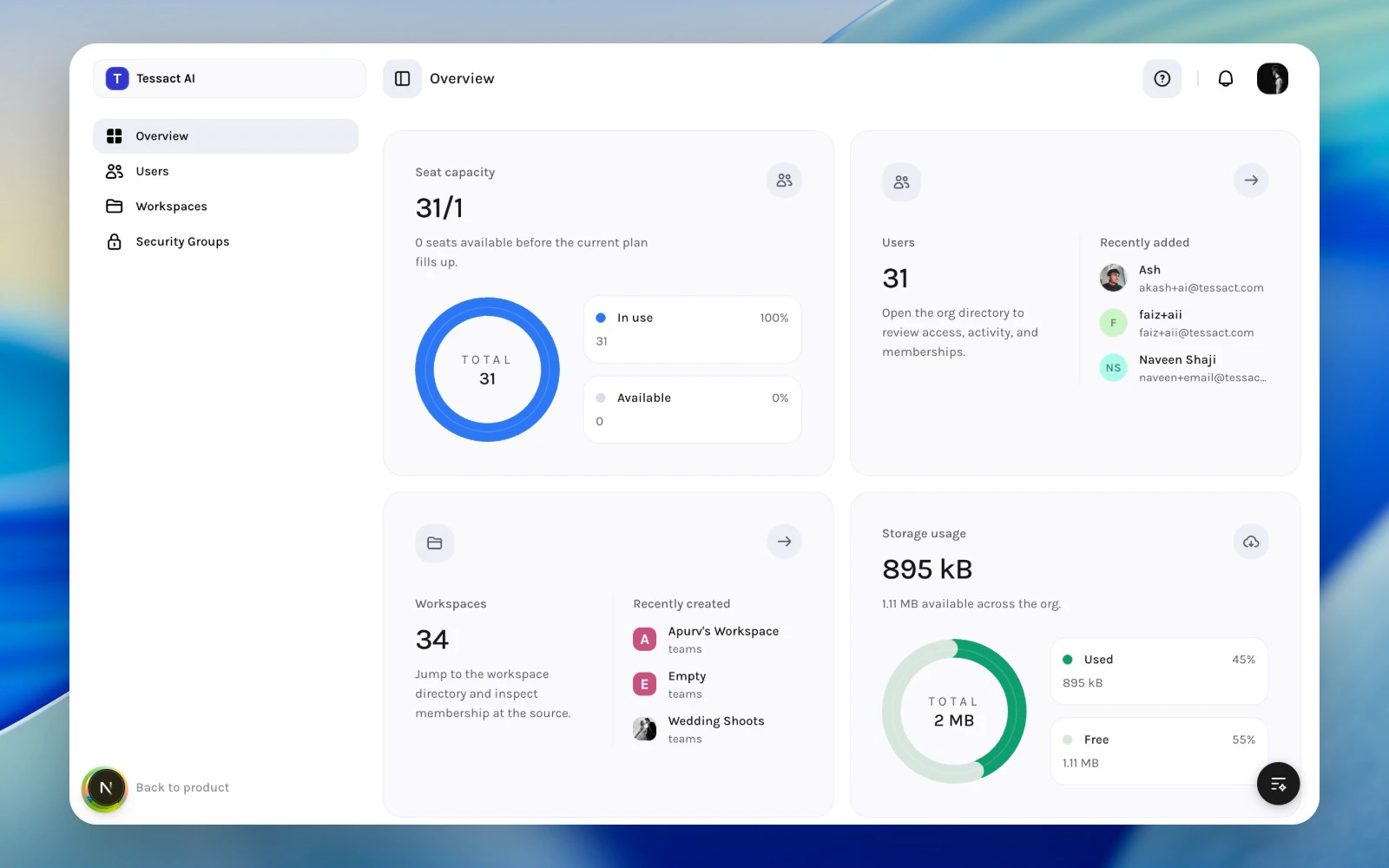 Tessact admin overview