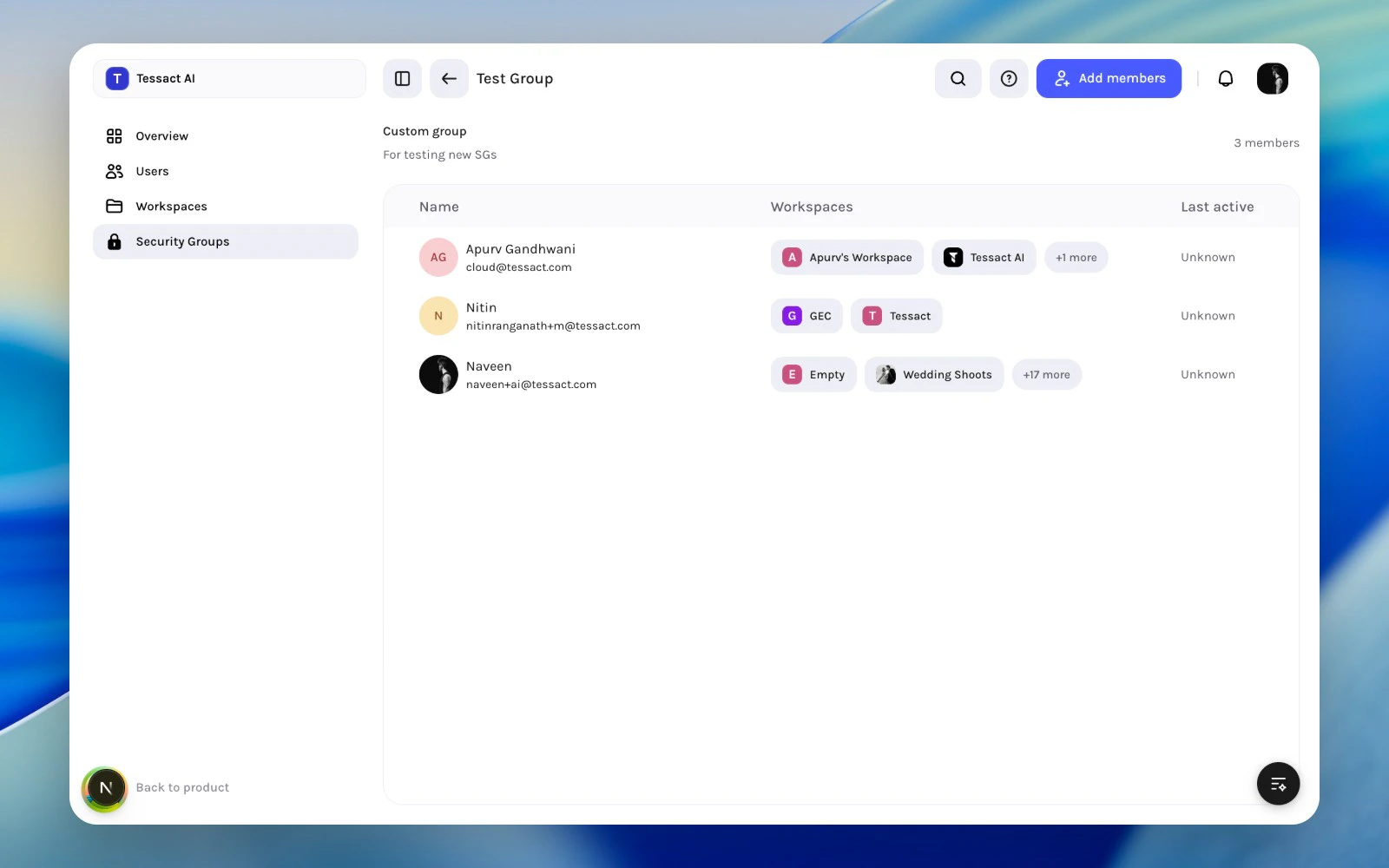 Tessact security group members page