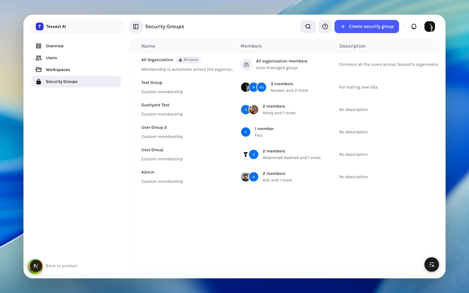 Tessact admin security groups directory