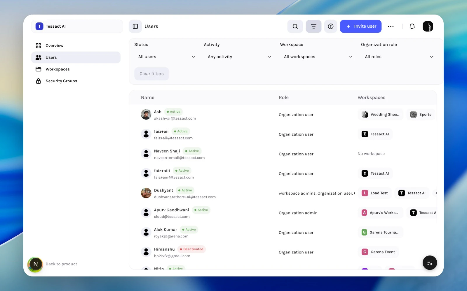 Tessact admin users directory