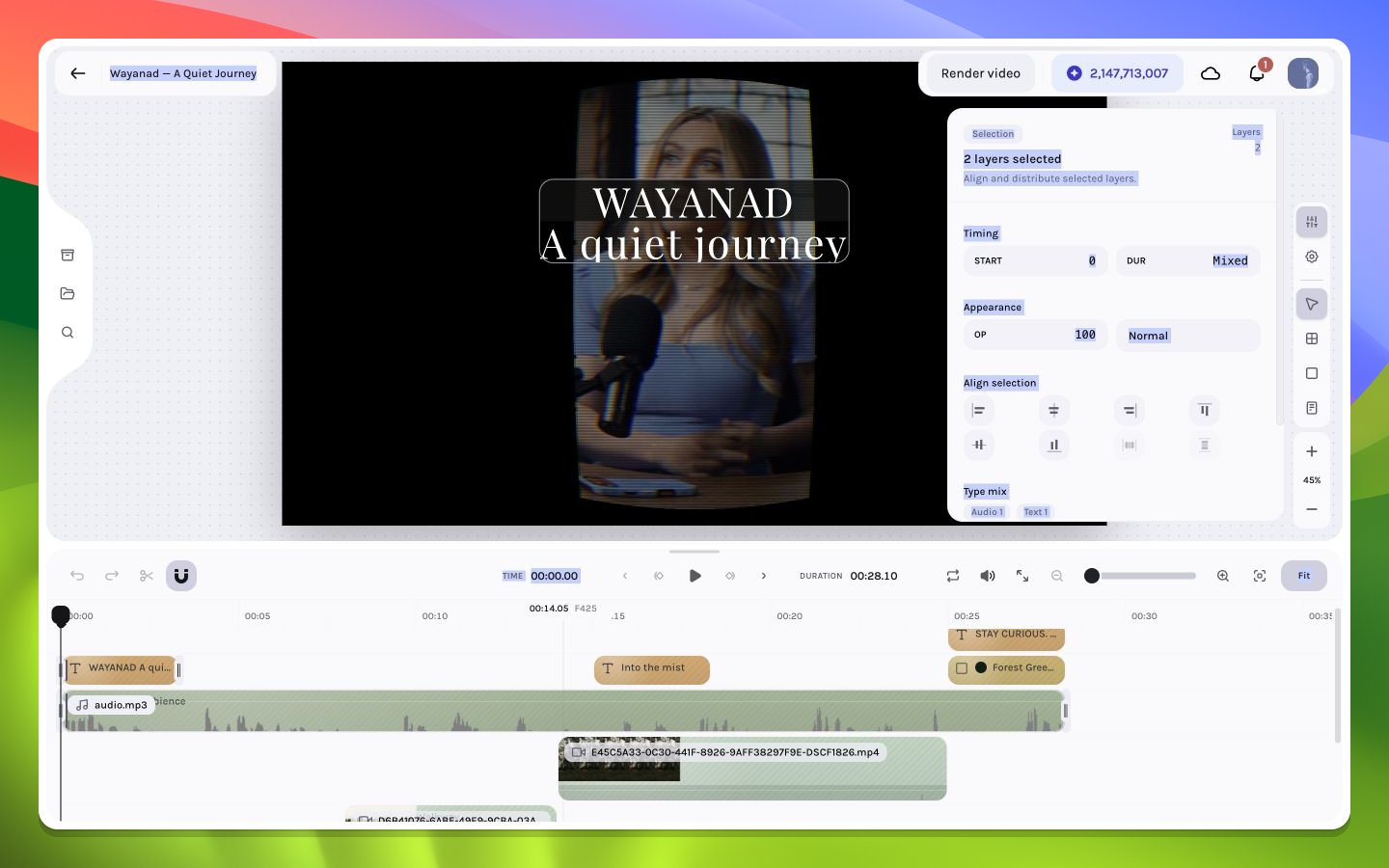 Multi-selection inspector showing shared geometry, alignment, and layer controls