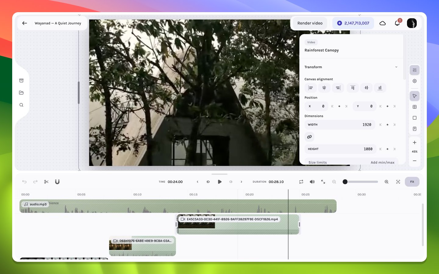Video layer selected with transform controls in the Tessact inspector