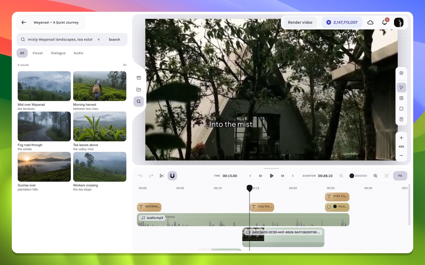 AI Search panel in the video editor showing six landscape and tea-estate result cards