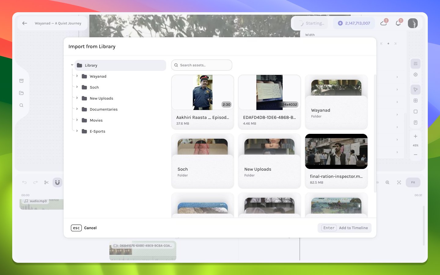 Library modal showing realistic workspace media assets