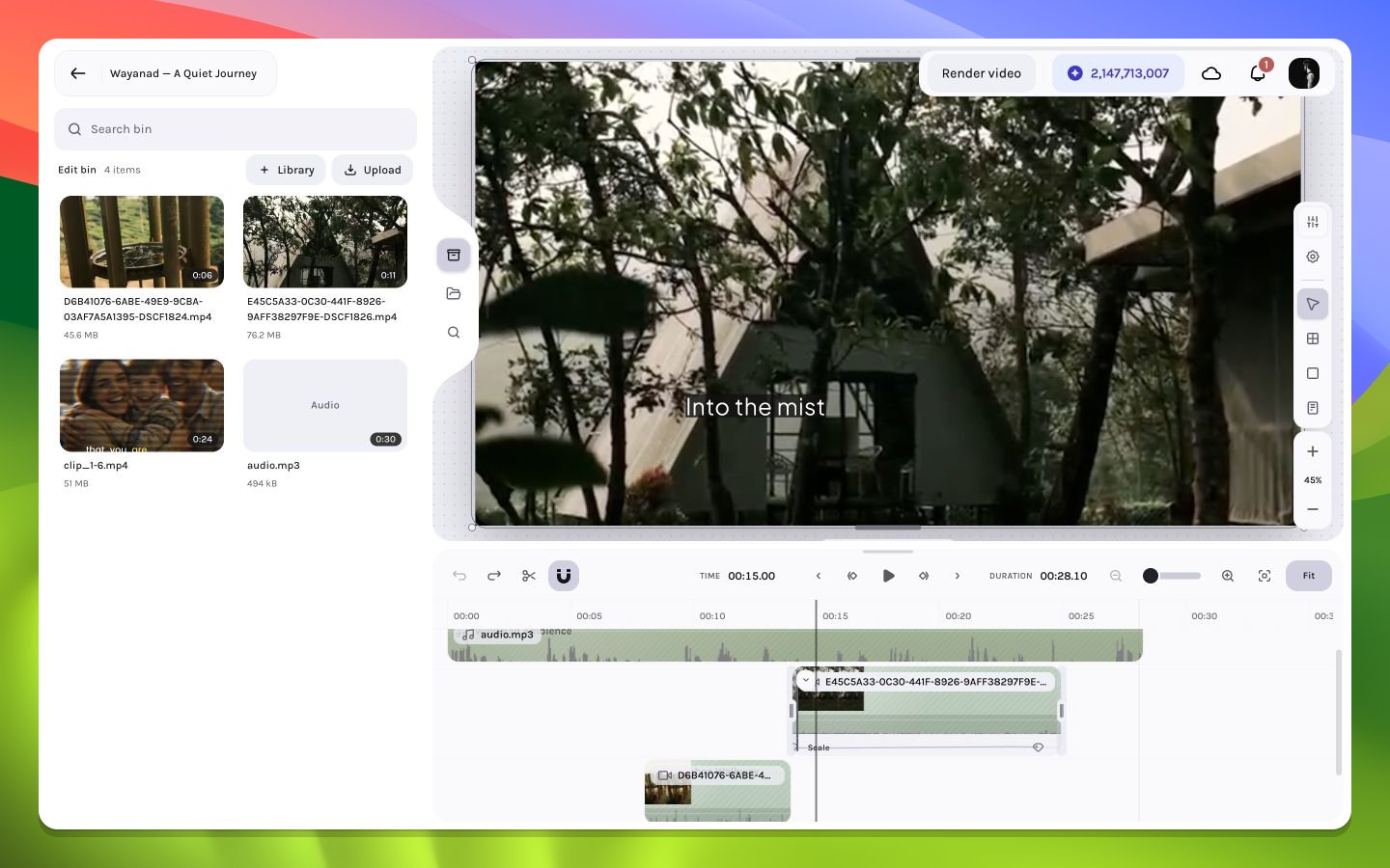 Tessact editor showing a populated media Bin, forest canvas, playback controls, and layered timeline