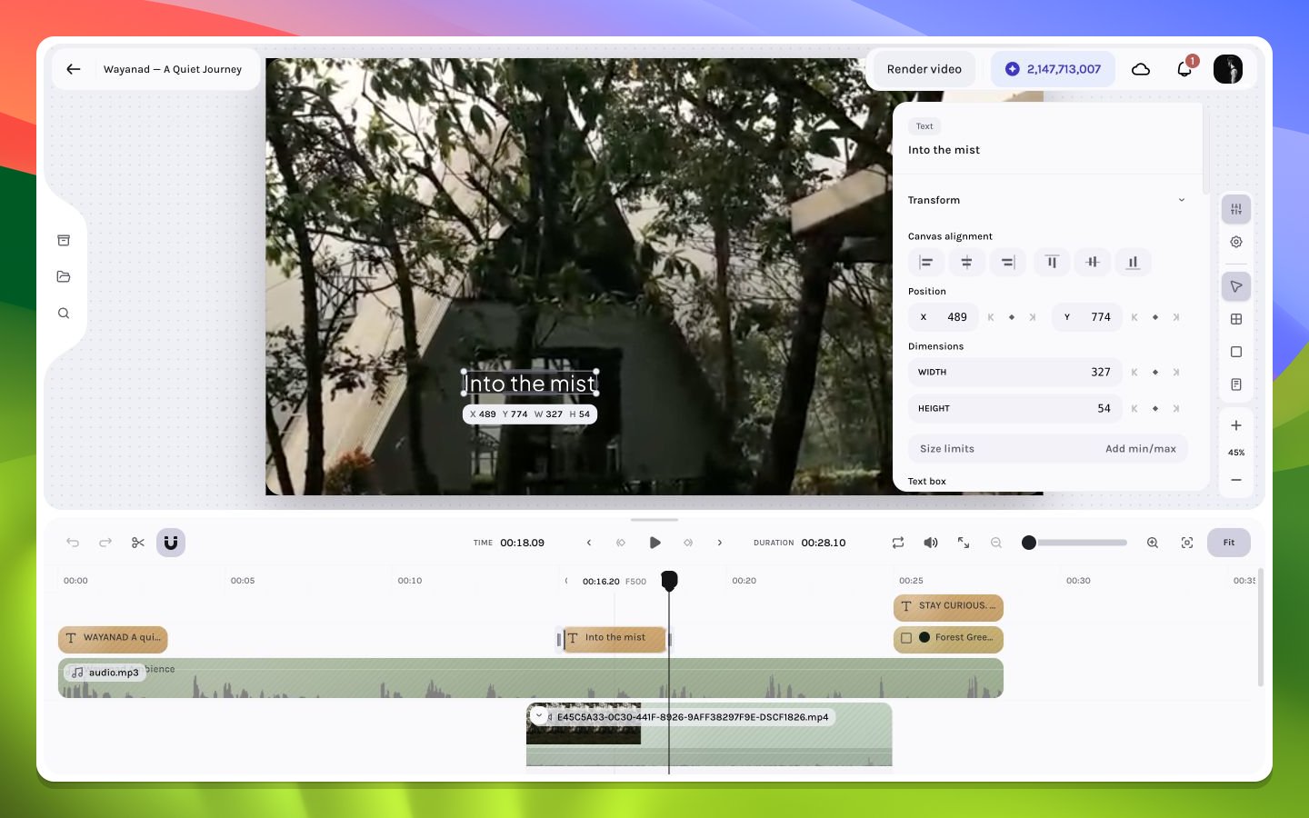 Lower-third text selected with inspector controls