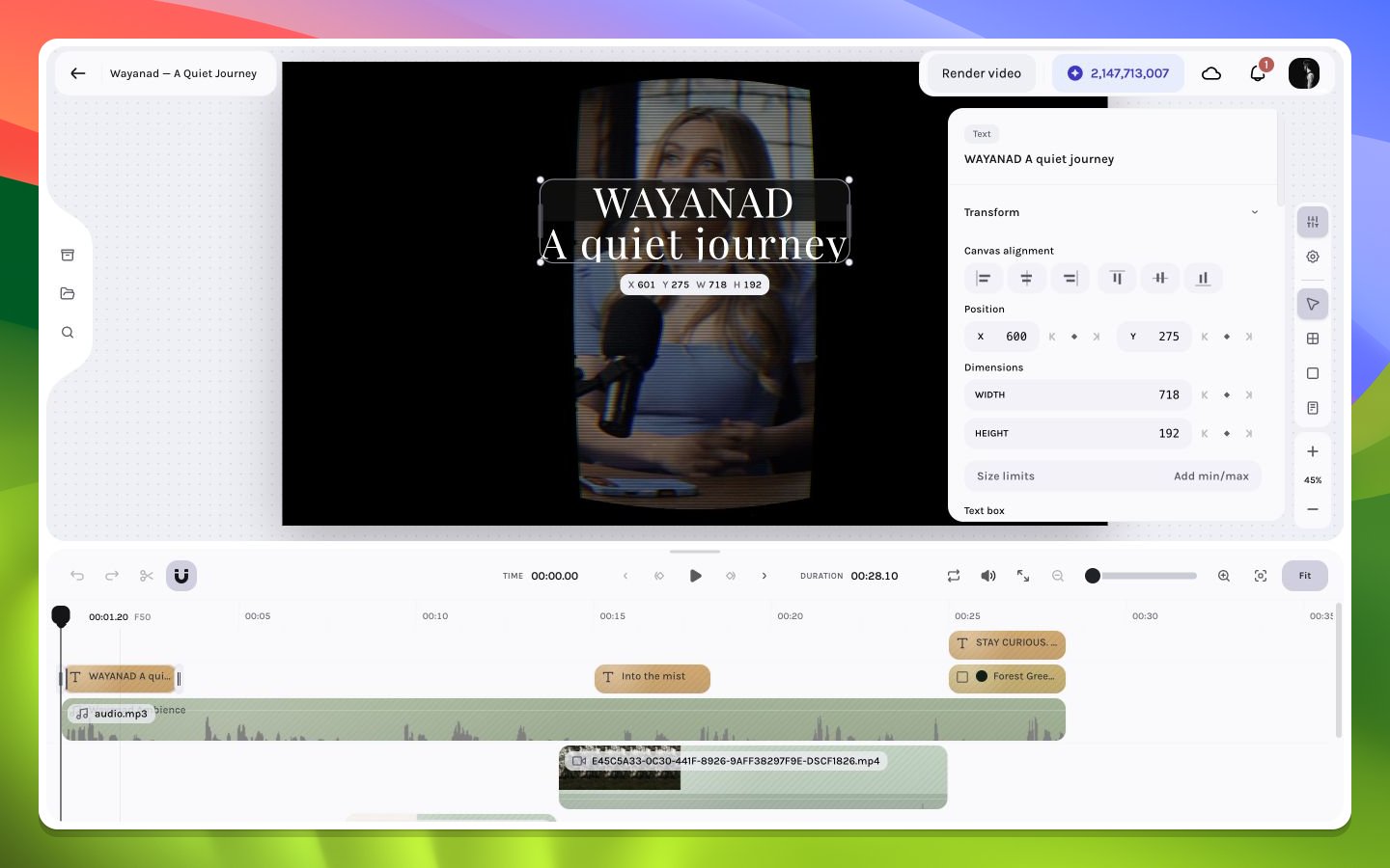 Title layer selected with typography and appearance controls in the inspector