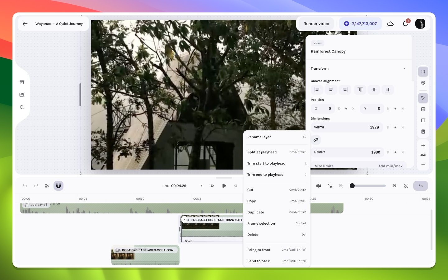 Timeline clip context menu in a video draft