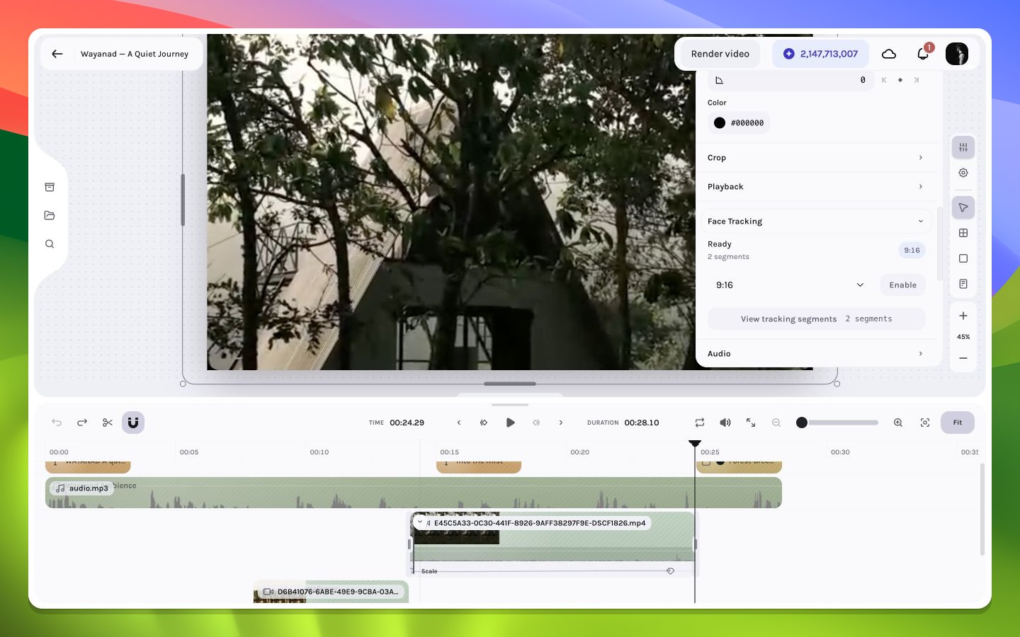 Video inspector Face Tracking section showing Ready, two segments, 9:16, and Enable