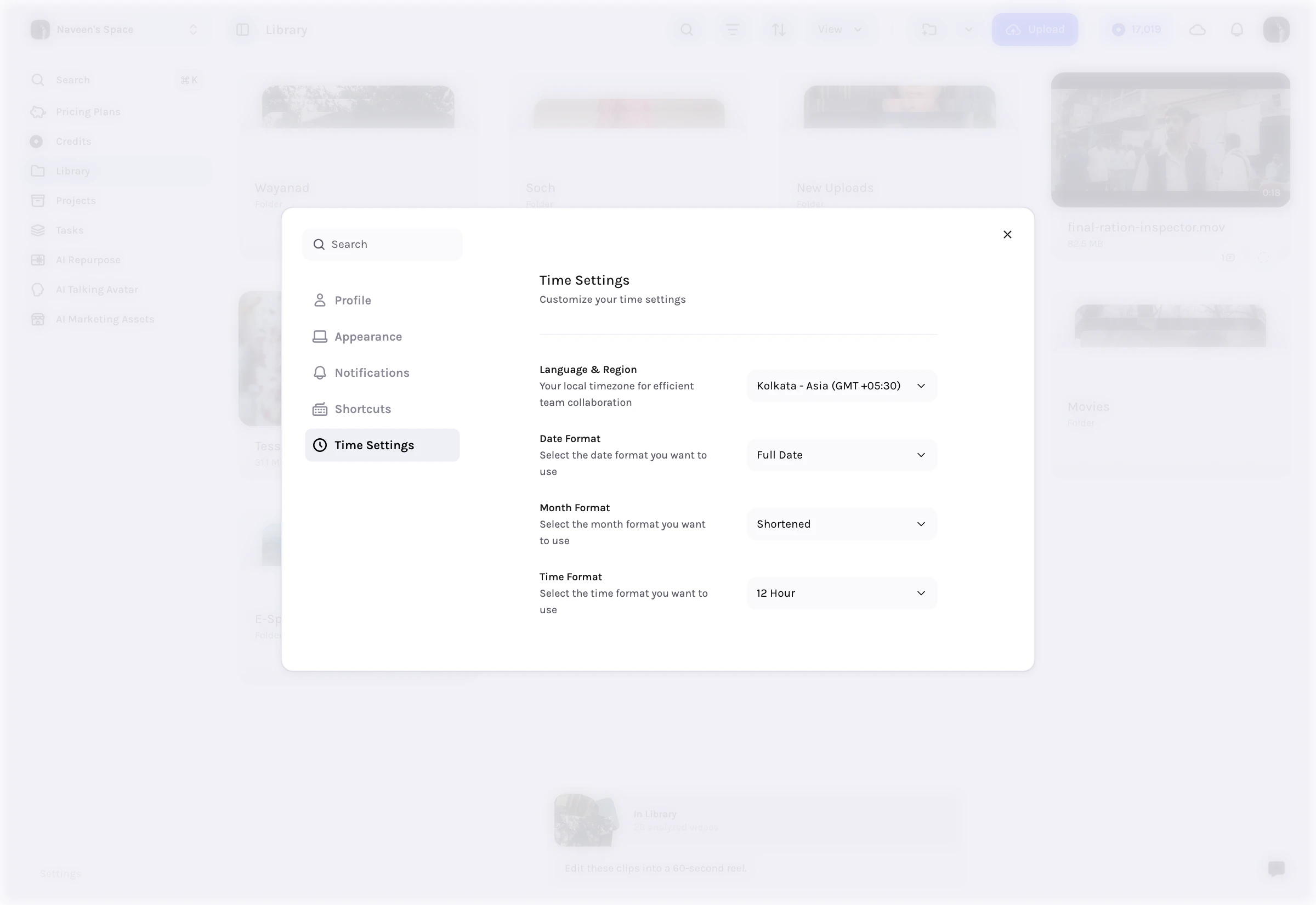 Tessact preferences time settings view