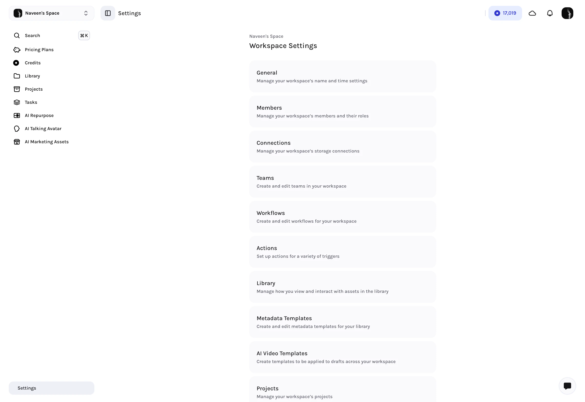 Tessact workspace settings hub