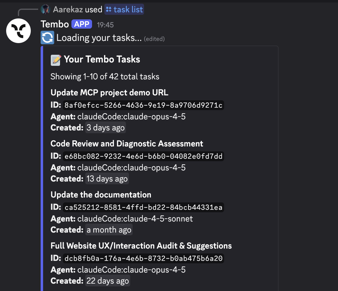 Discord task list with pagination controls