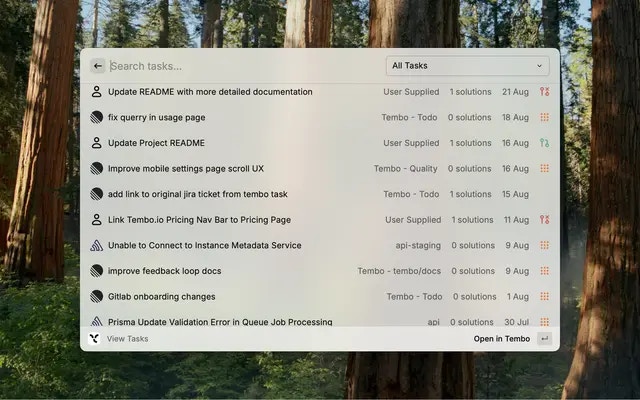 Raycast task list interface showing task management